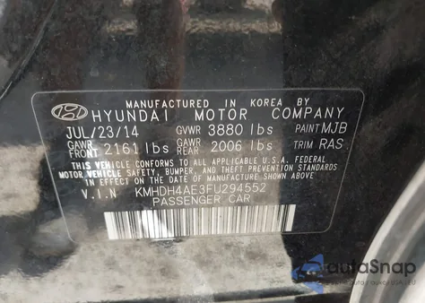 2015 Hyundai Elantra Se from USA, damaged, VIN KMHDH4AE3FU294552